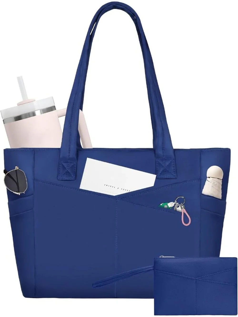👜Women's Navy Blue Nylon Large Tote Bag With Zipper 15.6 Laptop Sleeve Work Bag